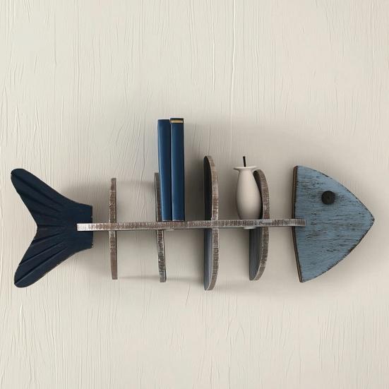 Nautical Wooden Fishbone Wall Decor Rustic Skeleton Fish Floating Shelf Coastal Wall Mounted Display