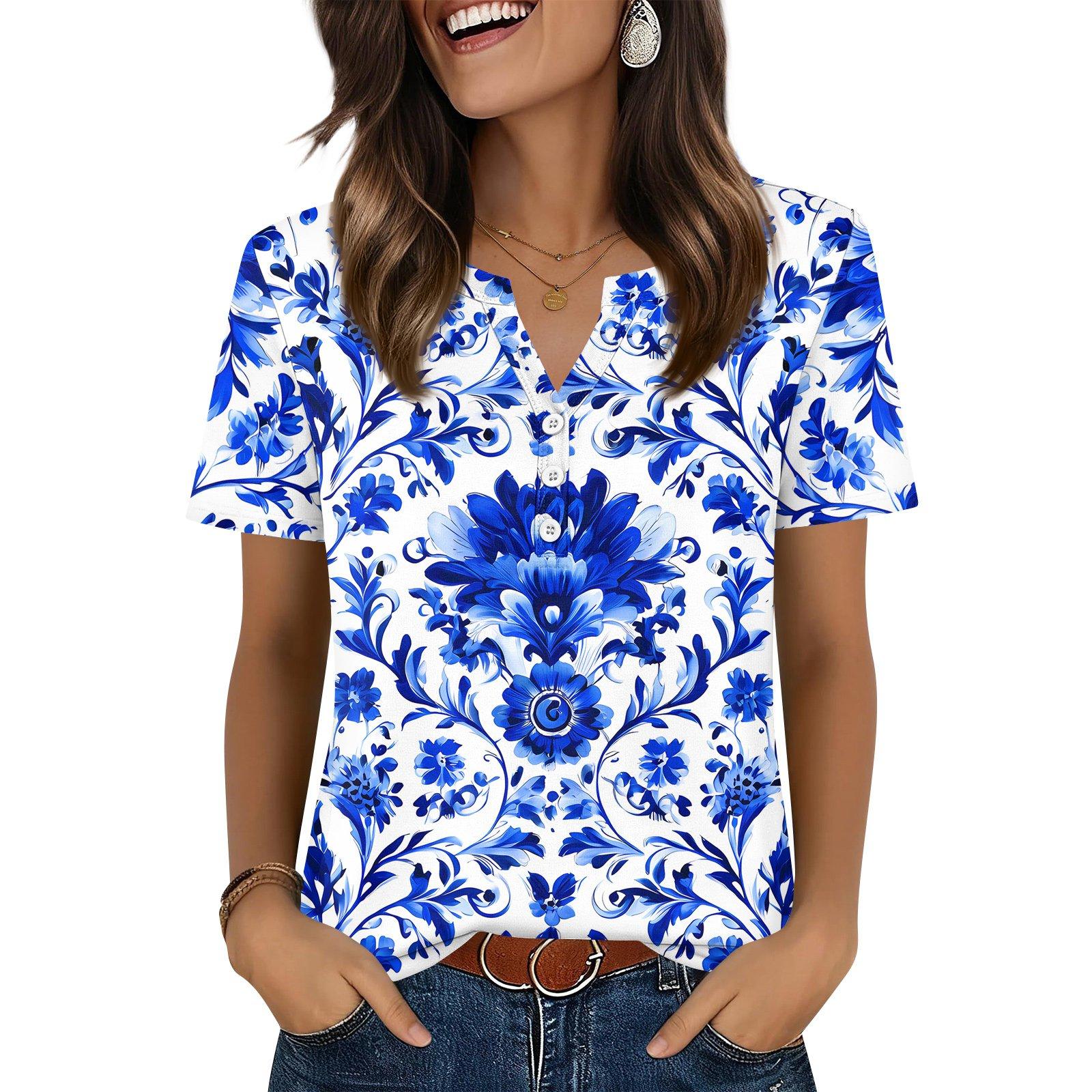 

Women s T Shirt Independence Day Print Button Short Sleeve Daily Weekend Fashion Basic V- Neck Regular Top XXXL синій