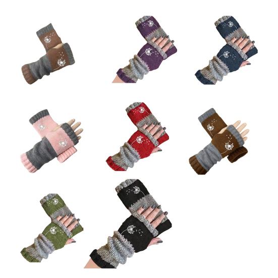 Knitted Fingerless Gloves Women Color-Block Knit Gloves Half-Finger Warm Gloves with Embroidered Dandelion Pattern for Texting Typing Writing