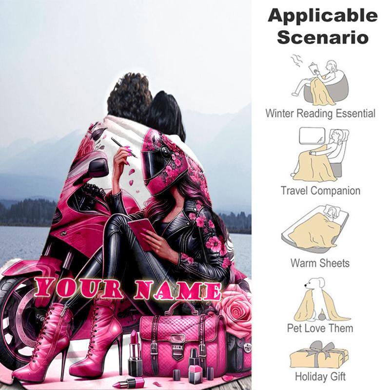 1PC Custom Name Pink Motorcycle Fashion flannel blanket versatile,all-season throw suitable for the living room,bedroom,camping,travel,and gift
