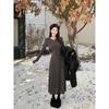 Women's foreign style V-neck waist slim-fitting knitted bottoming skirt solid color dress medium and long skirt French temperament knitted spring