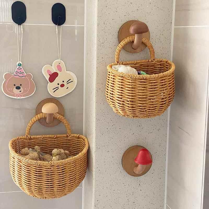 1Pcs Storage Basket With Handle Cute Wall Hanging Woven Basket Kawaii Hanging Storage Basket Kitchen Sundries Organizer