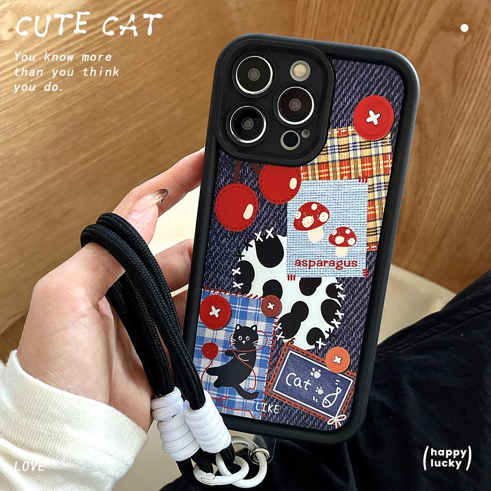 Denim Cat Splicing Suitable for Iphone16Promax Mobile Phone Case Apple 15 Couple with Lanyard Full Cover Shell