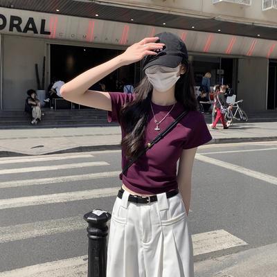 Solid Color Simple Front Shoulder Crew Neck Short-sleeved T-shirt Women's Summer New Korean Version Slim and Thin Student Tops Trendy