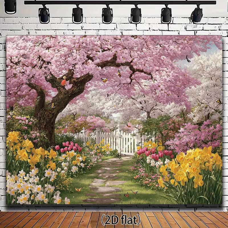 2D Spring Cherry Blossom Backdrop, Blooming Garden Photography Background 47.2x31.5inch/120*80cm