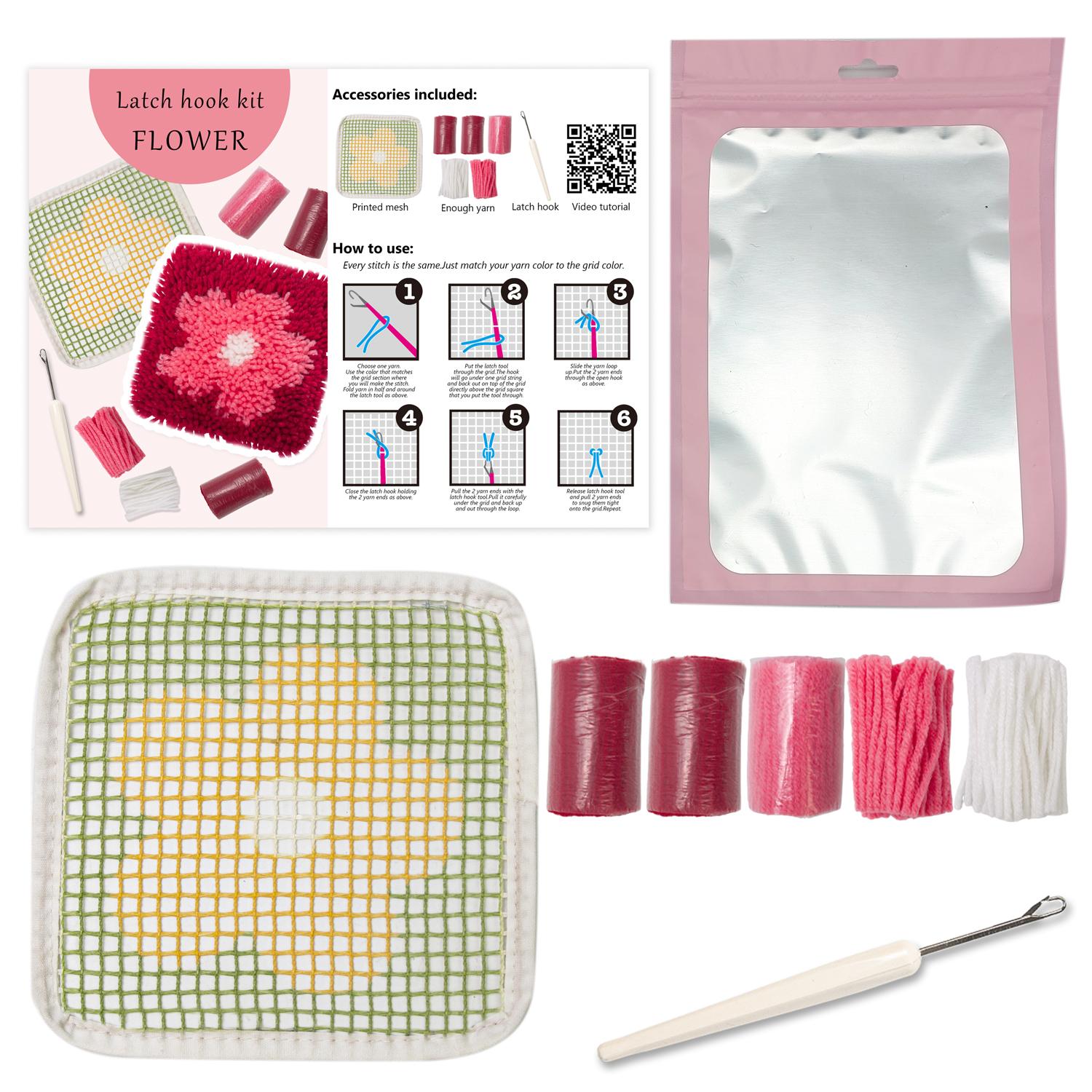 

Latch Hook Kits for Coasters: 4 Floral Designs w/ Pre-Cut Yarn & Canvas червоний