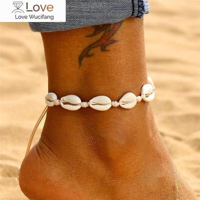 Boheemse Schelpen Enkelbanden Voor Vrouwen Handgemaakte Geweven Leer Natuurlijke Schelp Voetsieraden Zomer Strand Blootsvoets Armband Enkel Aan Been