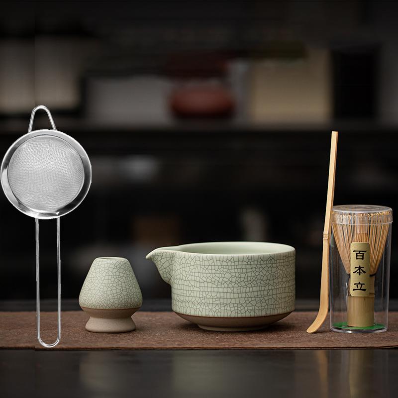 Japanese Matcha Tea Set Ru Kiln Cracking Ceramic Matcha Bowl with Spout Tea Whisk Baibenli 2/4/5/8-Piece Tea Making Tool Set