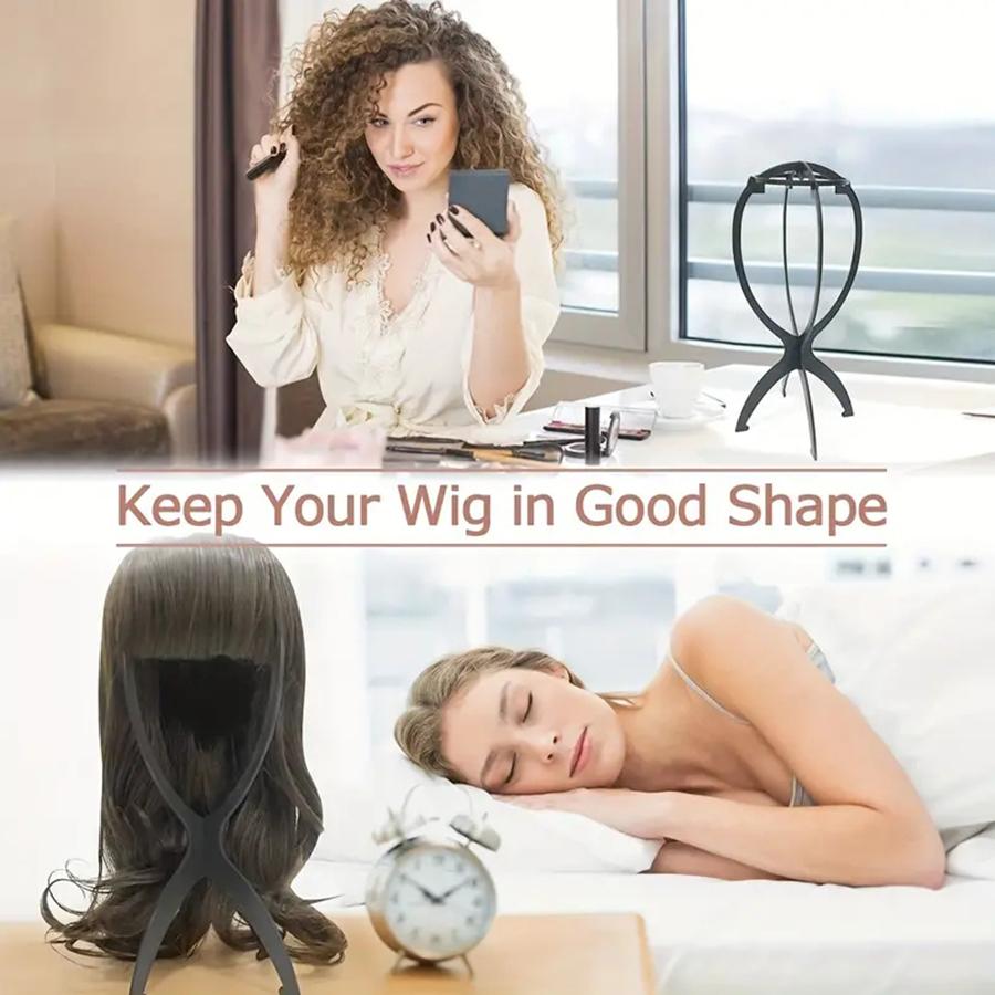 1 Pc 13.8IN Portable Collapsible Wig Stand Holder for Multiple Wigs Black And Pink Durable Wig Stands for Women