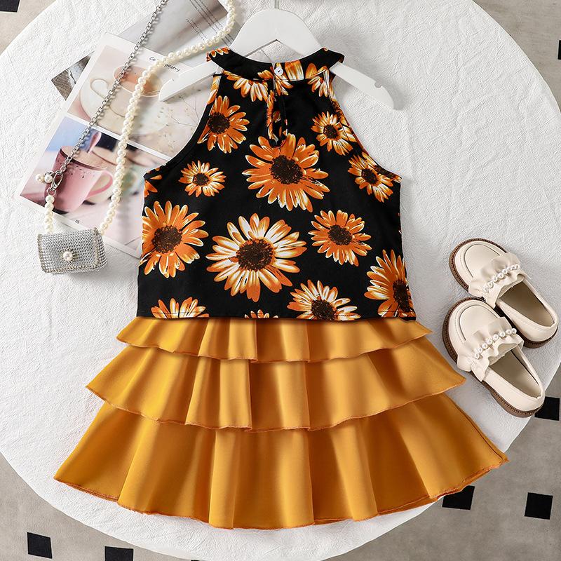 Girls' Summer Outfit Set: Sunflower Sleeveless Top and Cake Skirt Two-Piece Set