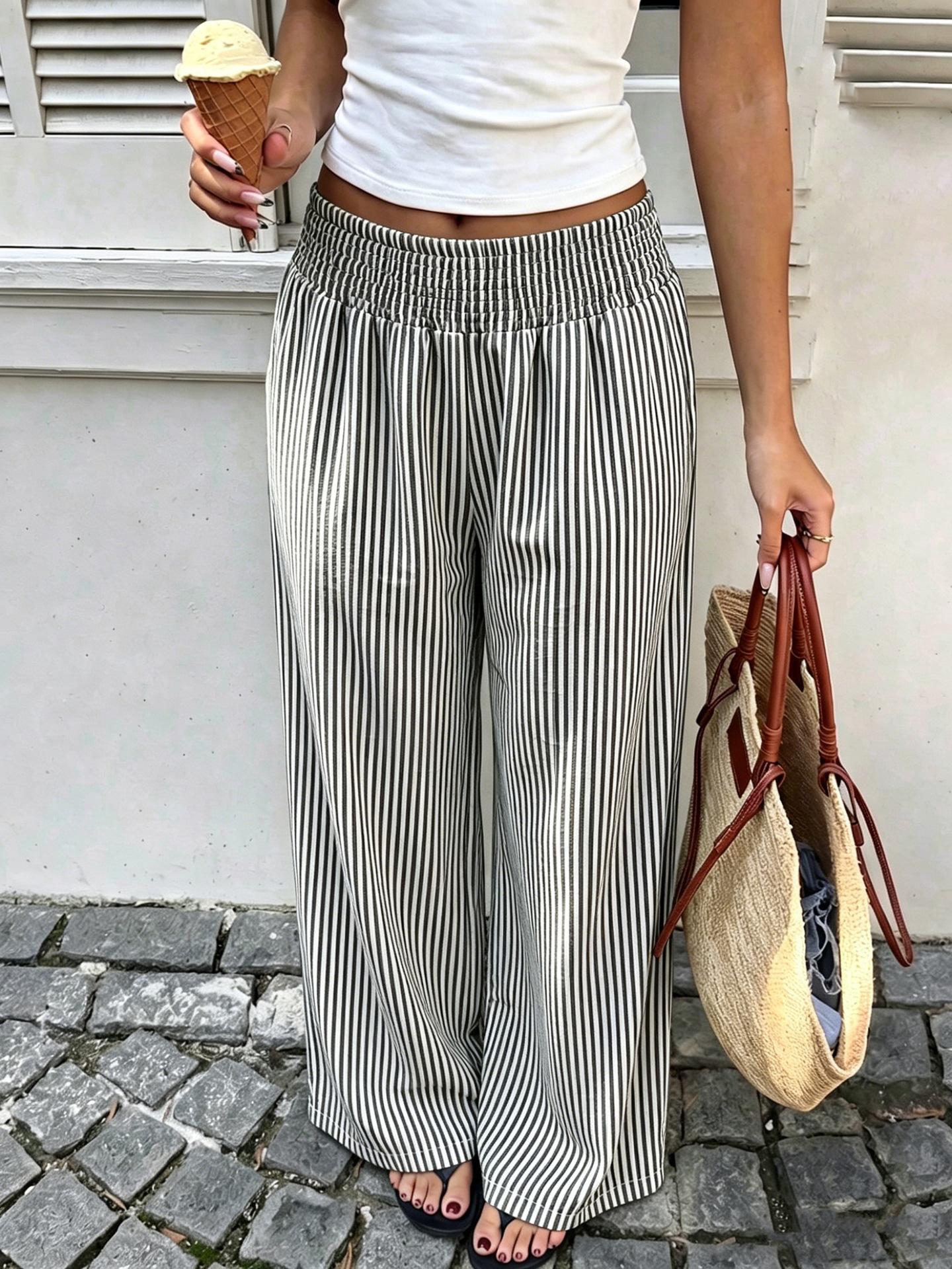 Women Striped Straight Leg Casual Vacation Long Pants S чёрный