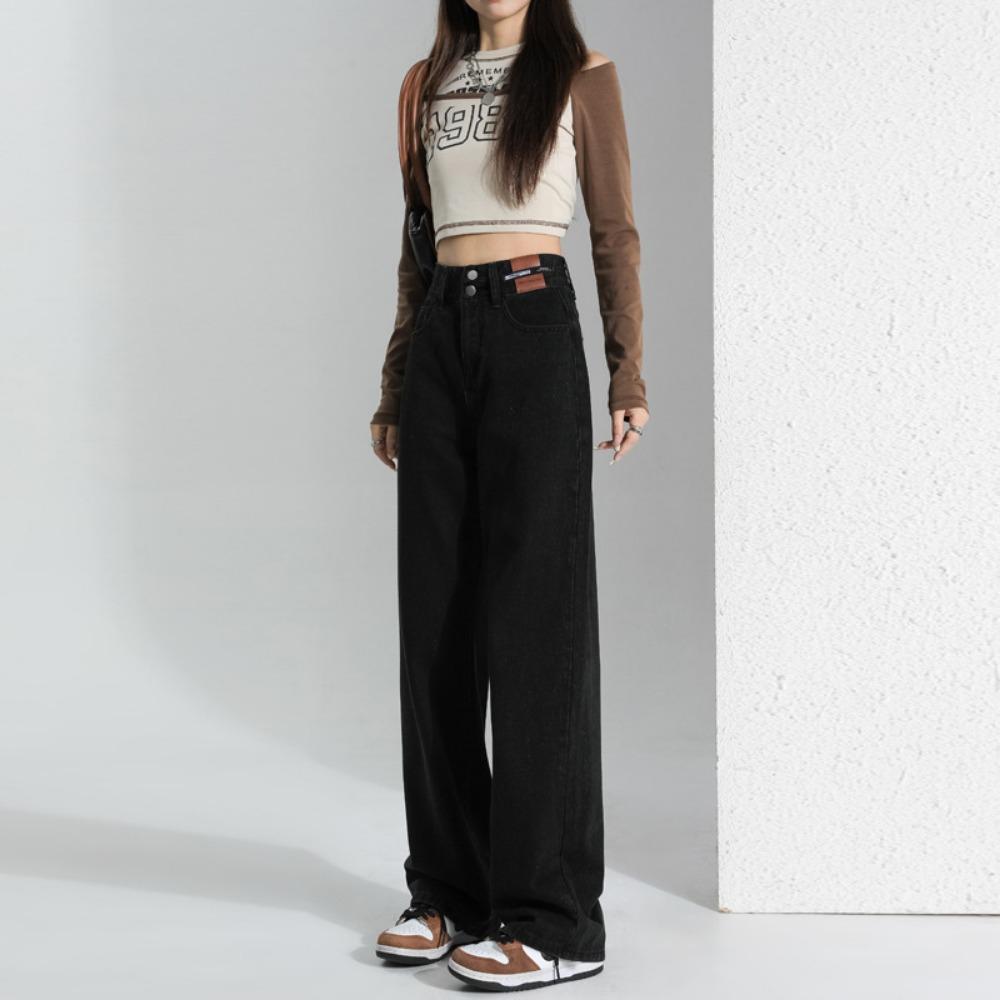 High waist straight and thin jeans women s 2025 autumn and winter new small loose and drape wide leg floor pants S чёрный