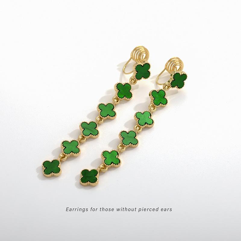 Advanced glazed four leaf clover tassel earrings with exquisite, ultra long, personalized ear clips without ear holes