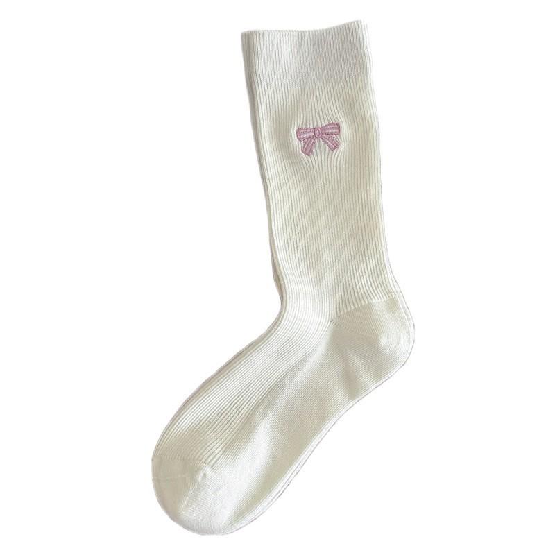 Embroidered Bow Socks Stacking Socks Season Pure Cotton Boneless Double Needle Cute Cotton Medium Tube Socks Women