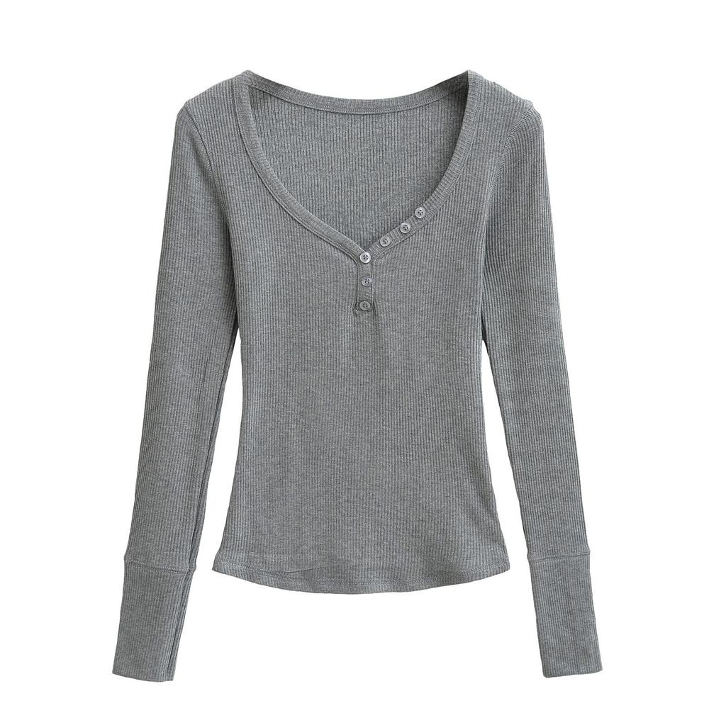 Spicy Girl Ribbed Peach V-neck Buttoned Slimming Long-sleeve T-shirt for Women - Spring 2025 Collection