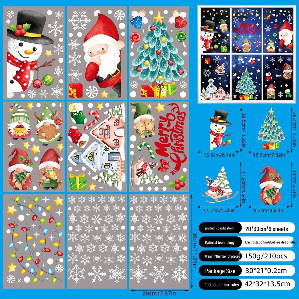 Christmas Snowflake and Reindeer Wall & Window Stickers - Static Santa Claus Decor for Refrigerator and Shops