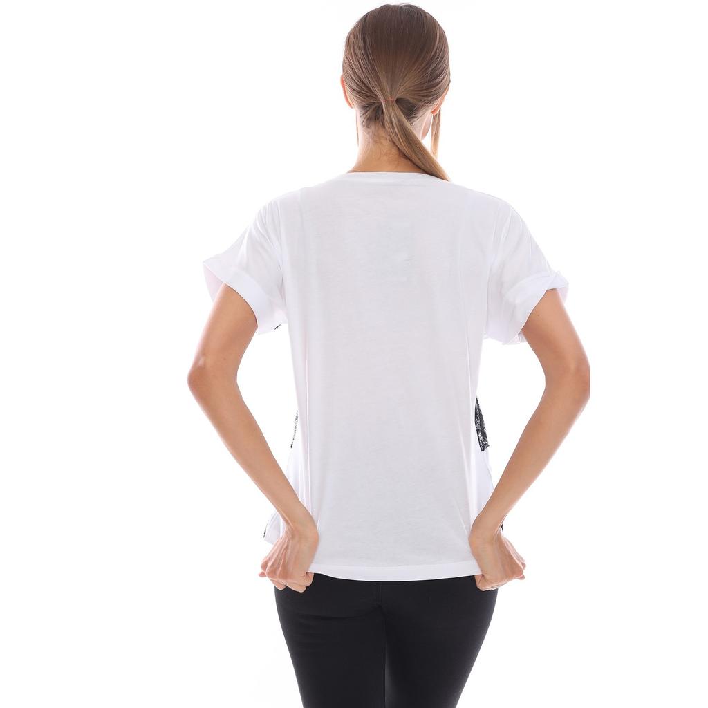 Tricou de damă, alb, cu paiete, imprimat text