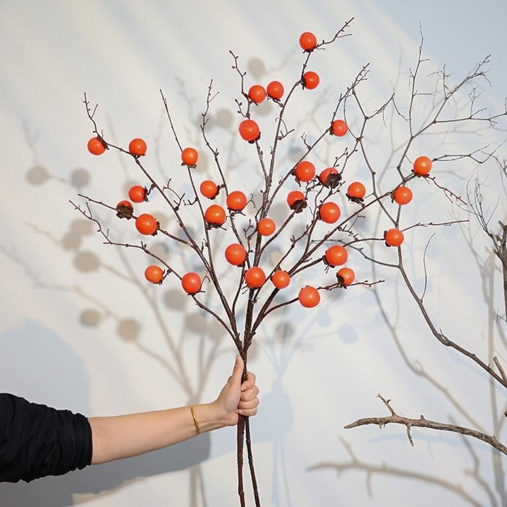 8 Heads Artificial Persimmon Branch Realistic Plastic Simulation Persimmon Fruit Elegant Handmade Fake Plants Home Decor