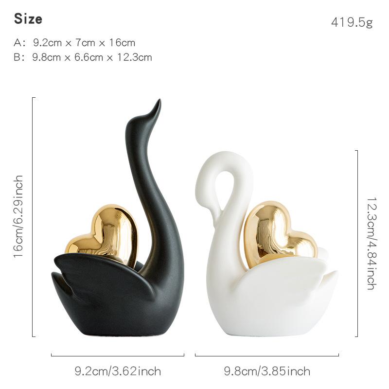 Love Couple Swan Ornament Ceramic Crafts Golden Love Sculpture White ceramic swan figurine  TV cabinet Home decor accessories