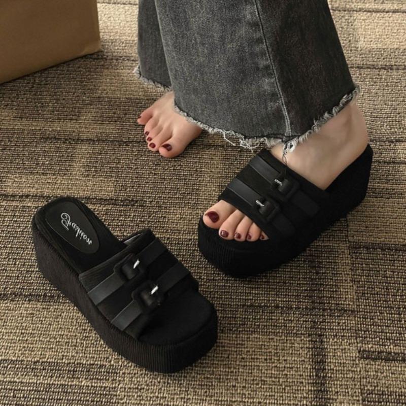 Women Slipper Pink Square Head Platform Slippers Corduroy Open-toe Women Sandal Designer Shoes Fad Wedge Sandals Sandalias Mujer