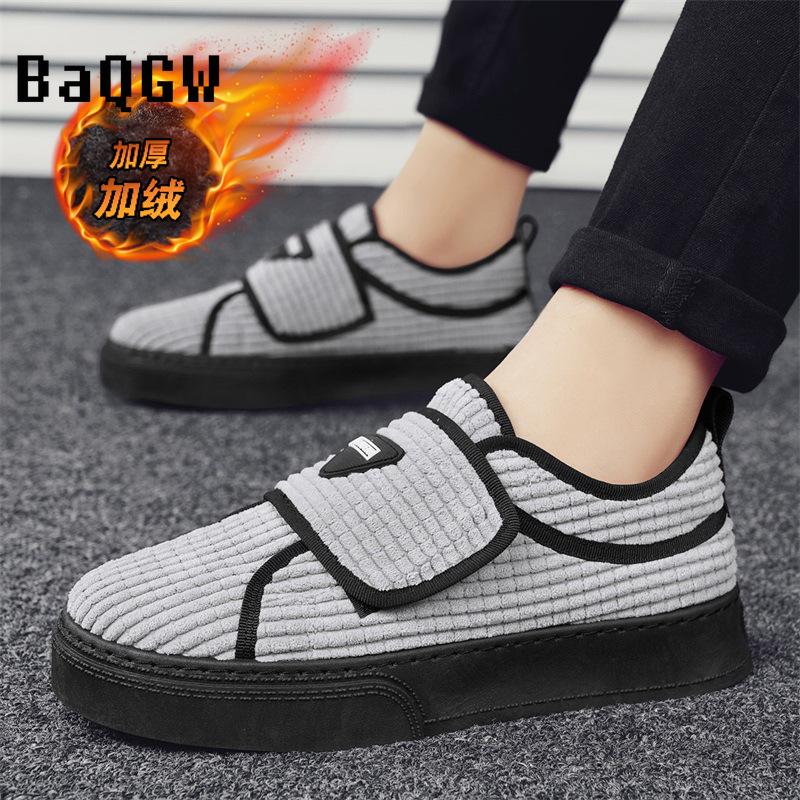 Winter Men's Corduroy Furry Warm Fleece Shoes Snow Shoes Comfortable Outdoor Sneakers Hook&loop Skate Shoes Non-slip Luxury