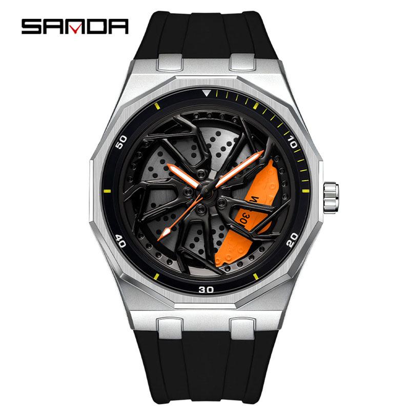 Sanda Men's Waterproof Alloy Car Wheel Design Silicone Wristwatch