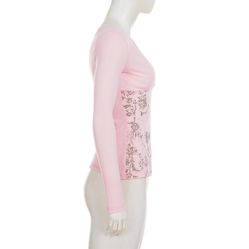 Retro scharfes florales Print V-Ausschnitt Langarm figurbetontes T-Shirt für Damen