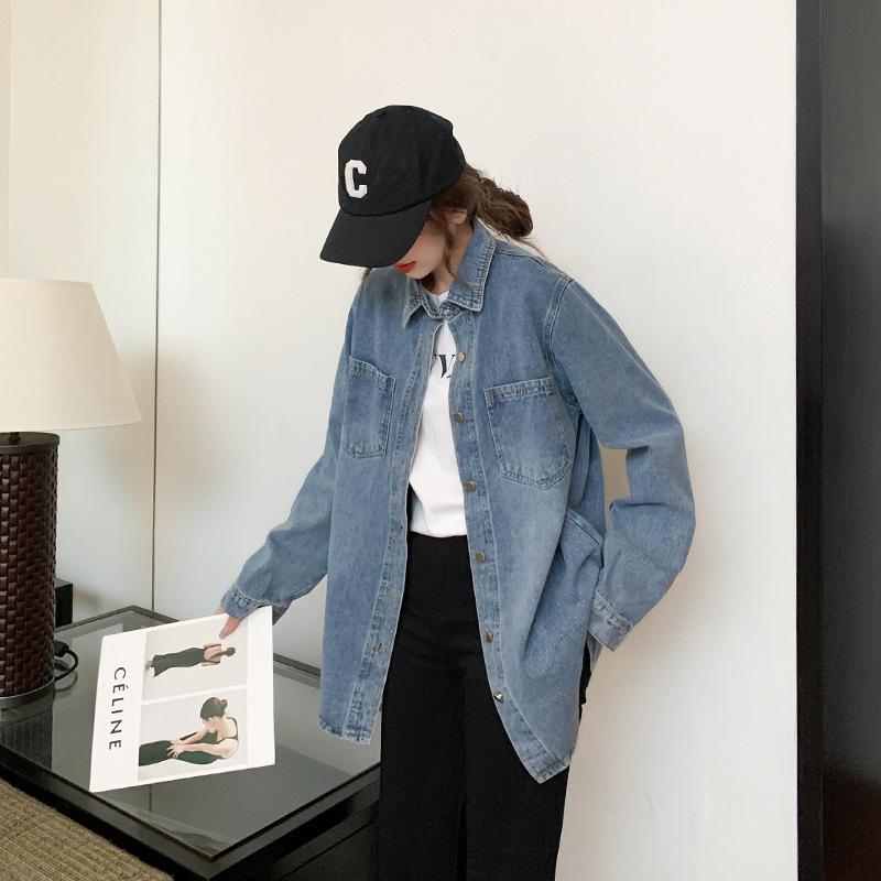 Women's Retro Denim Shirt Jacket - Korean Style, Casual Autumn Long Sleeve Top