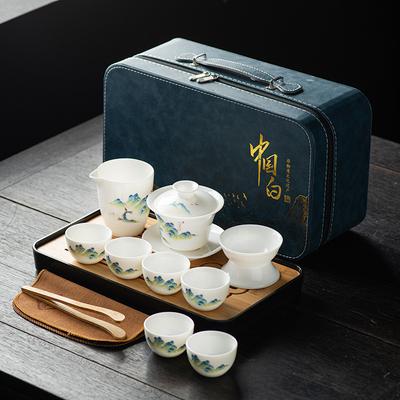 Suet Jade White Porcelain Tea Set, Full Set of Kung Fu Tea Set Cover Bowl Tea Cup Travel Tea Set Wholesale Gift Box