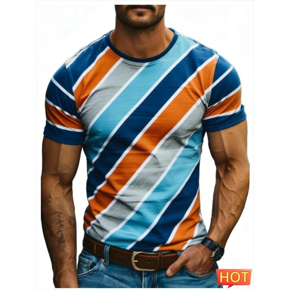 Fashion Stripe Contrasting Colors T Shirts For Men Simple Trend Streetwear 3D Printed Crew Neck Tees Casual Breathable T-shirts