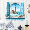 3D Faux Window Lighthouse Seascape Wall Sticker Self-Adhesive Removable Mediterranean Style Living Room Bedroom Background Wall Home Decor