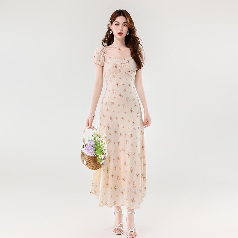 Women’s 2026 Summer Floral Midi Dress - French Waist-Cinched, Lace Trim, Square Neck