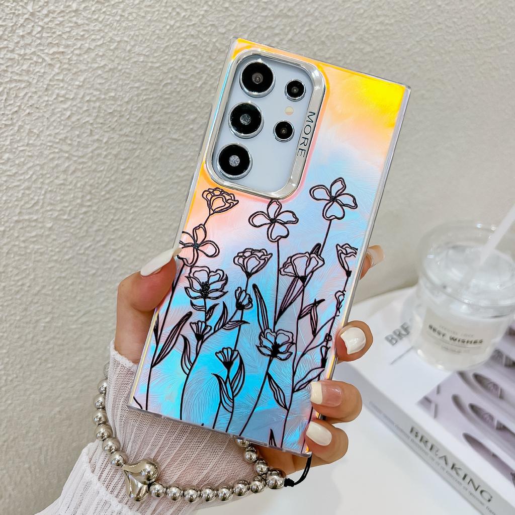 For Samsung Galaxy S24 Ultra Case TPU+PC Flower Pattern Laser Texture Phone Cover with Beaded Bracelet