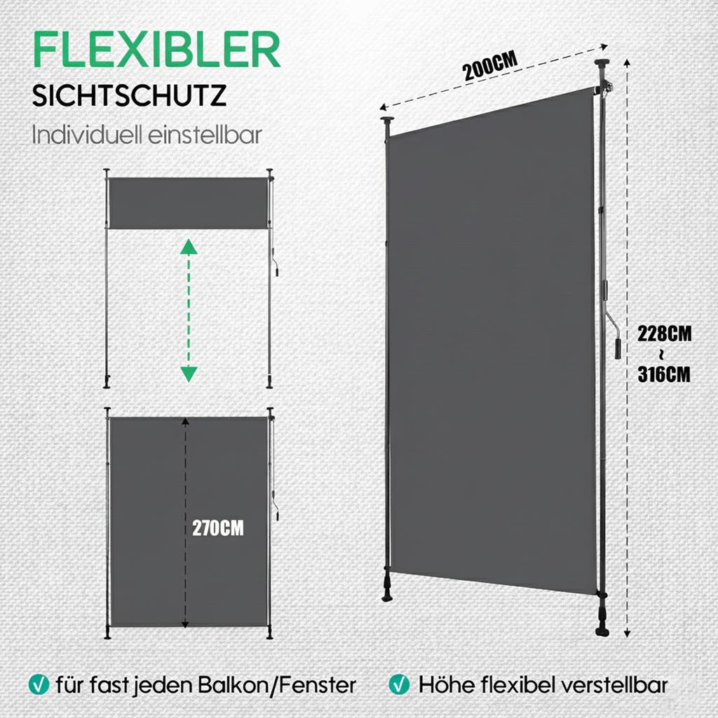 Vertical outdoor awning with clamp mounting, privacy and wind protection for balcony and terrace, weatherproof, anthracite, hand crank, 200 x 270 cm