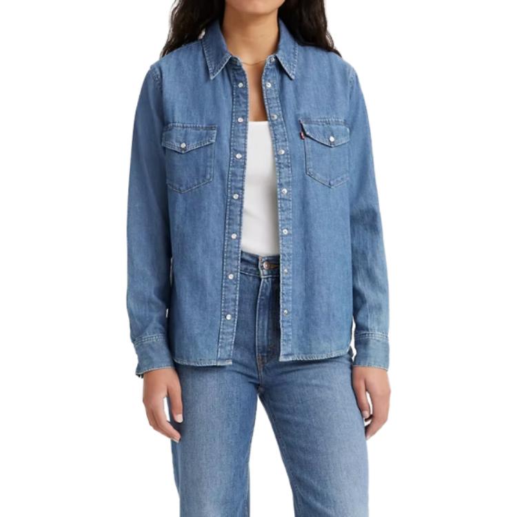 Levis Solid Color Long Sleeve Collared Shirt Women Tops Blue 16786-0017