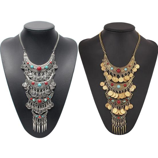 Yousheng Statement Necklace Exaggerated Round Coins Tassels Colored Turquoise Layered Gift Hypoallergenic Vintage Ethnic Women Necklace Fashion