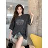 American retro front shoulder short-sleeved T-shirt women's spring new printed washed old loose medium and long top