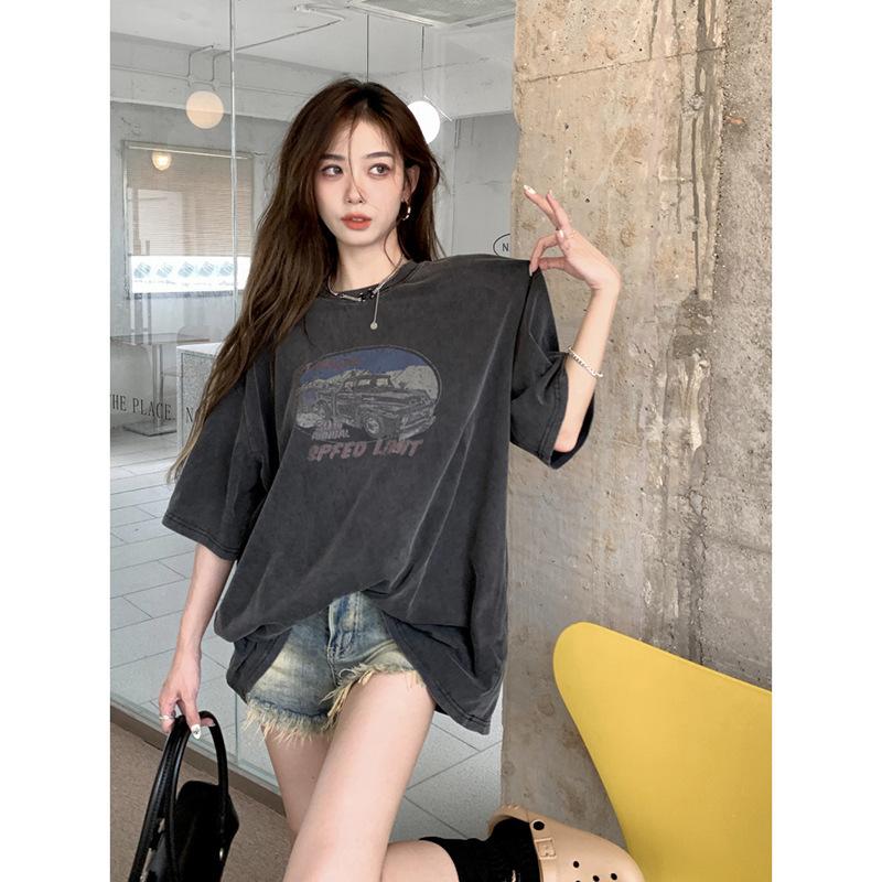 American retro front shoulder short-sleeved T-shirt women's spring new printed washed old loose medium and long top