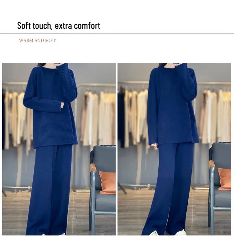 Autumn/Winter Cashmere Knitwear: Thick Long Sweater & Loose Wide-Leg Pants Two-Piece Set