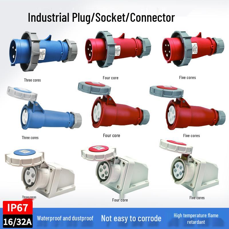 IP67 Waterproof 16A/32A Industrial Plug & Socket, European Standard, 3/4/5-core, Male & Female Connector