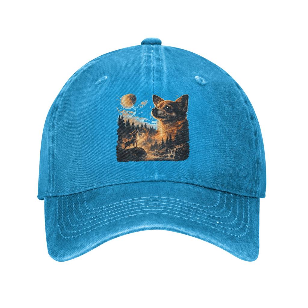 Chihuahua Howling To The Moon Sun Baseball Cap  Y2k Retro FeUnisex Unisex Washed Trucker Hat Baseball Caps Birthday Present
