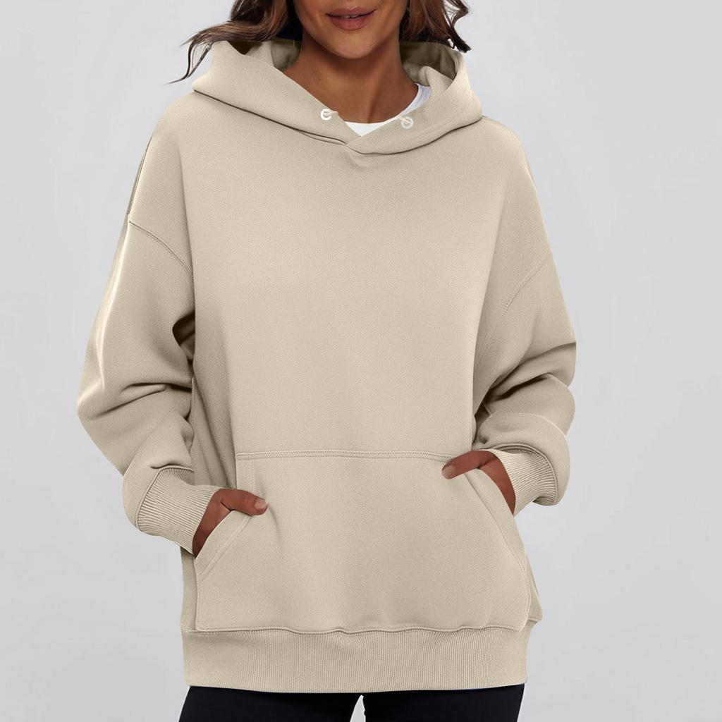 Ladies' Fashionable Solid Color Casual Hooded Pocket Long Sleeved Top