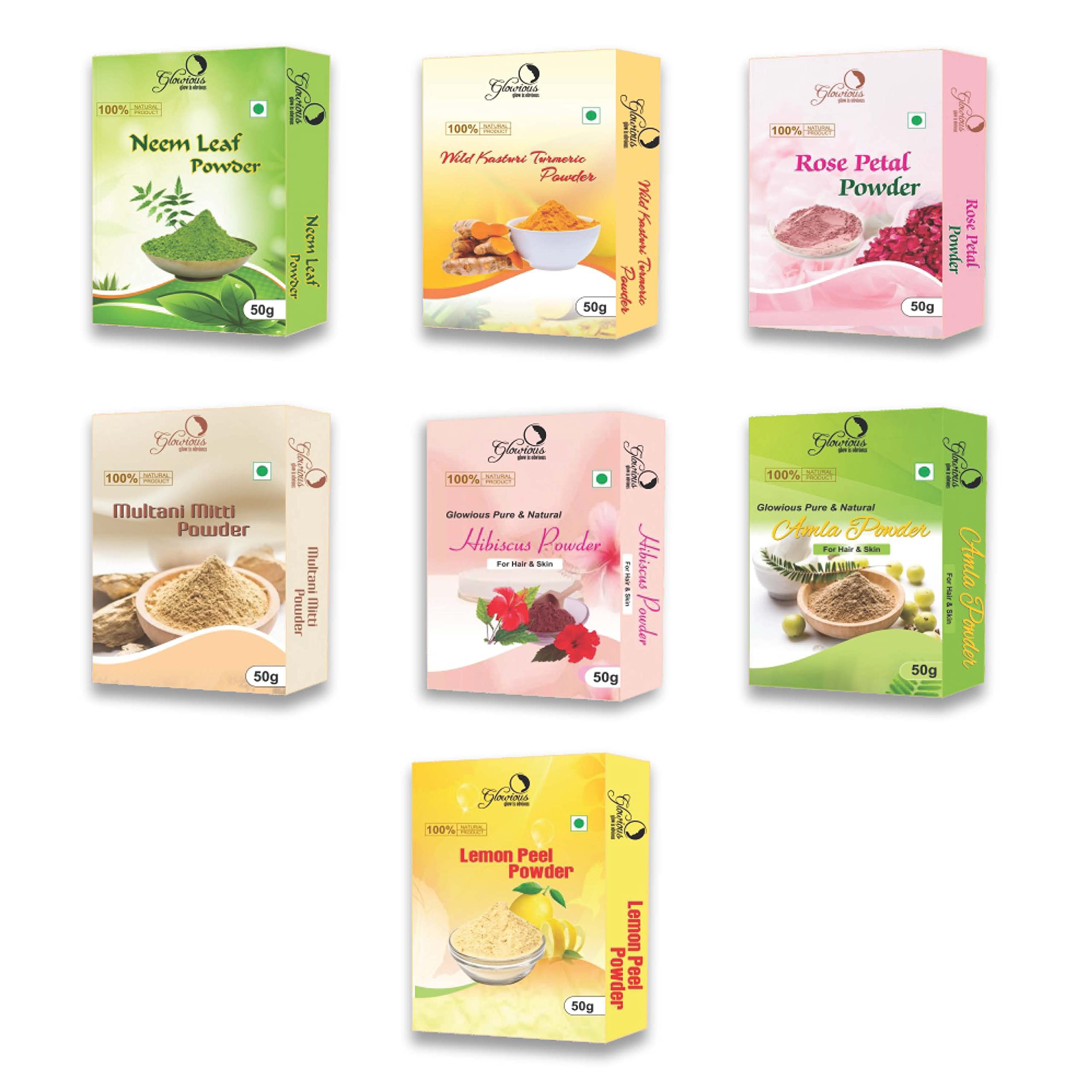 Glowious 7-in-1 Skin Care Combo Pack - Neem, Rose, Multani Mitti, Turmeric, Lemon Peel, Amla & Hibiscus Powder (350g, 50gX7) | Natural Radiance,