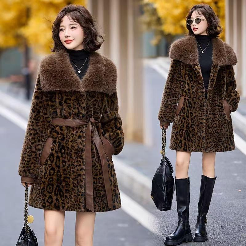 New Women's Autumn and Winter Leopard Print Fur Coat Imitation Mink Fur All-in-one Mid-length Loose Plush Coat