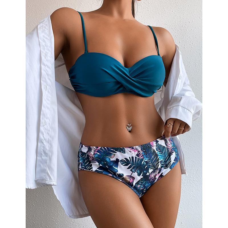 Two-Piece Swimsuit Women Underwire Padded Push-Up Split Bikini Solid Color Bra Floral Print High Waist Bottoms Swimsuit