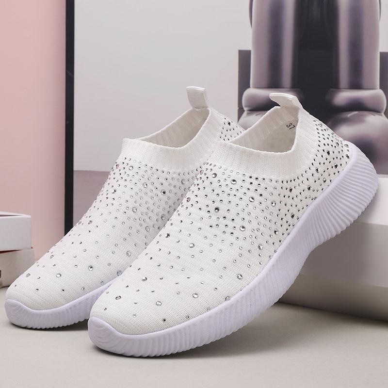 Plus Size Rhinestone Stretch Sock Women's Flyknit Casual Shoes - Lightweight & Breathable MD Sole