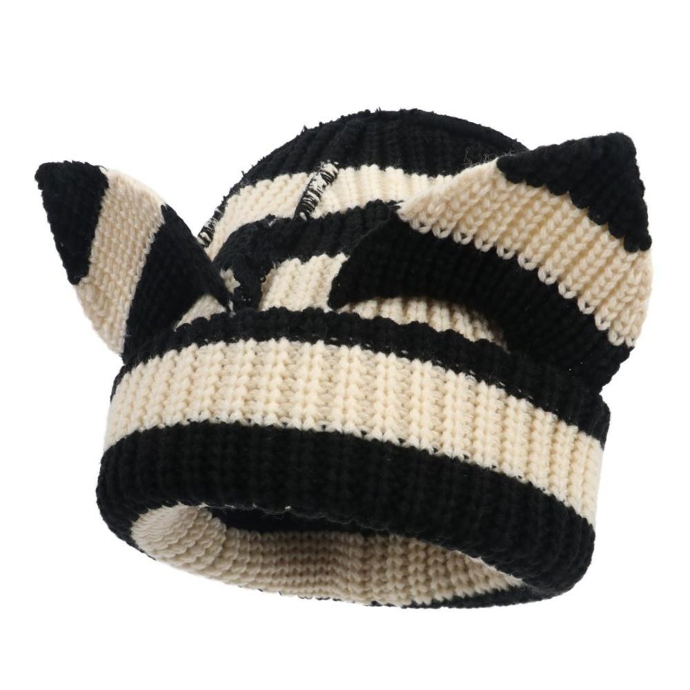 Stretchable Knit Cat Ear Beanie Yarn Striped Beanie Gifts Knitted Beanie Hat  Women and Men