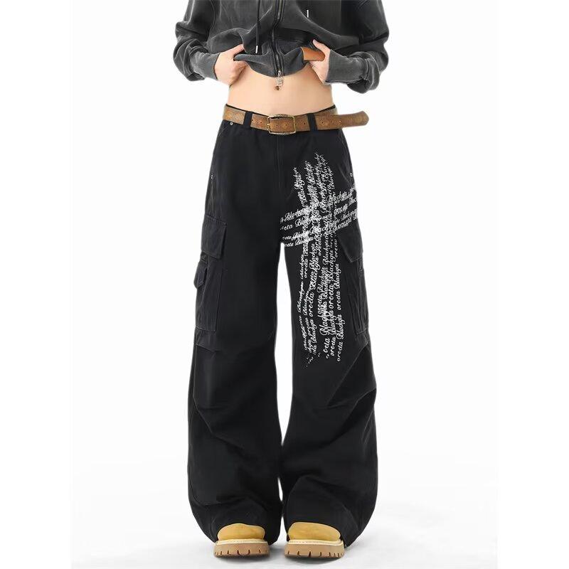 

American cross graffiti washed old overalls men s autumn tide brand baggy straight wide-leg casual pants 2XL чорний