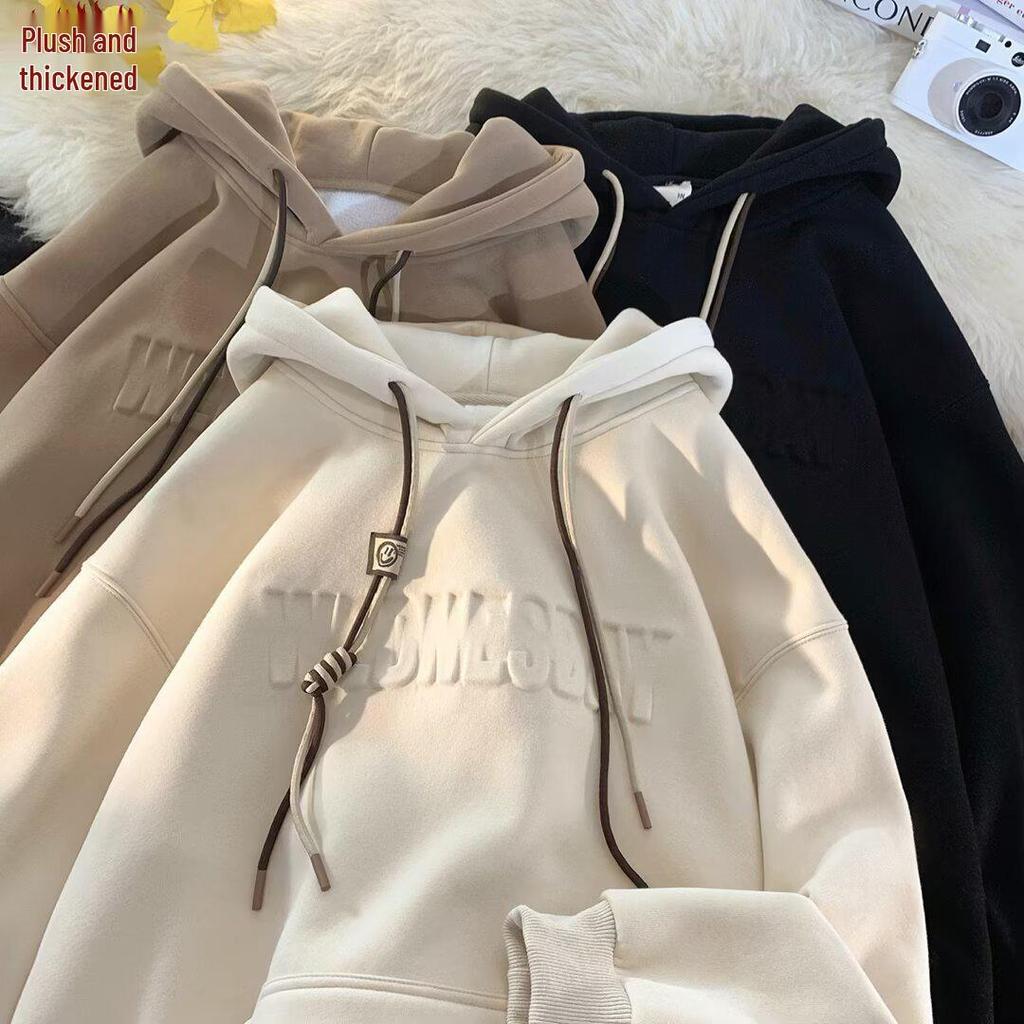 Herren Oversized Schwerer Hoodie - Herbst/Winter Trendiger Lockerer Schnitt mit Plus Samt und Gestempeltem Design