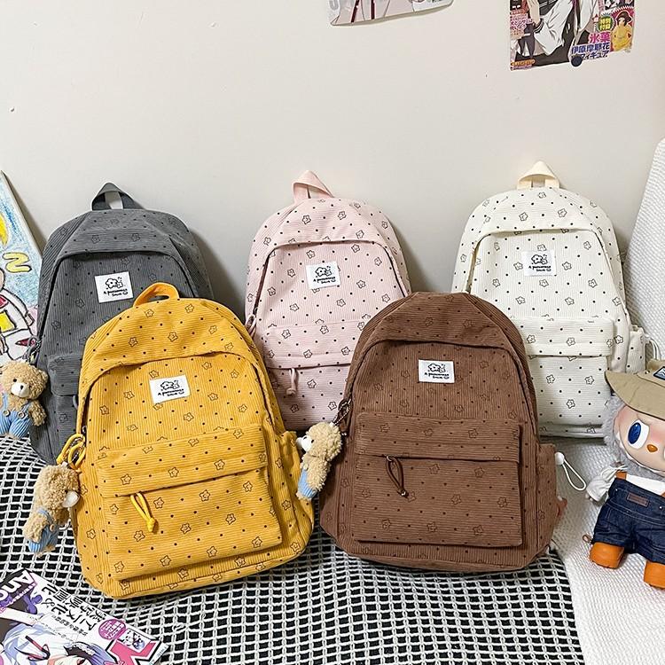 Schoolbag New Casual Double Backpack Corduroy Printed Backpack Middle School School Bag Bear Doll Pendant Backpack